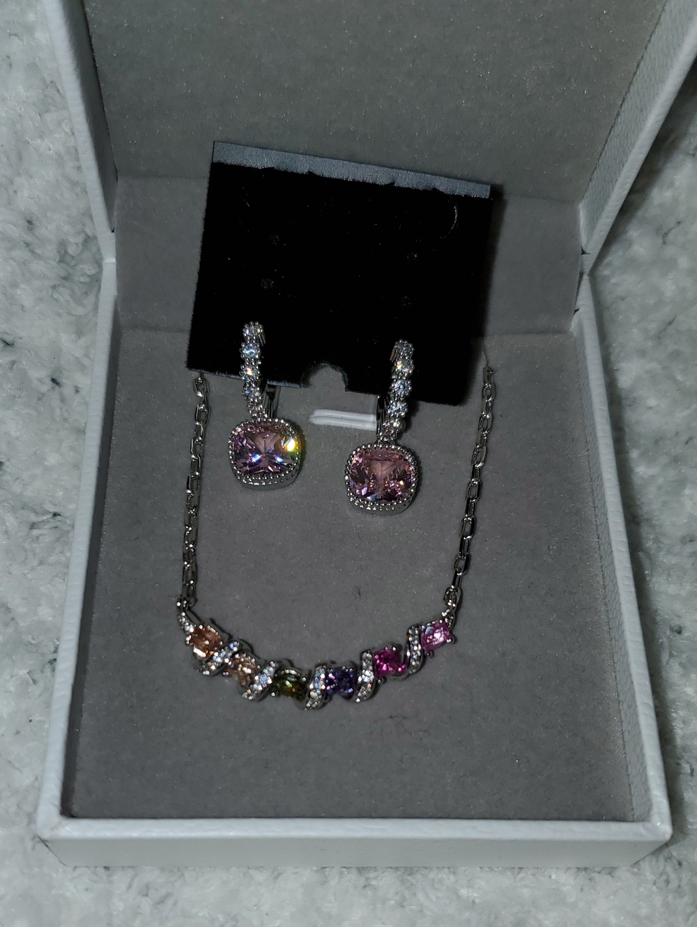 Multicolor Crystal Drop Earrings — Pink Accent
